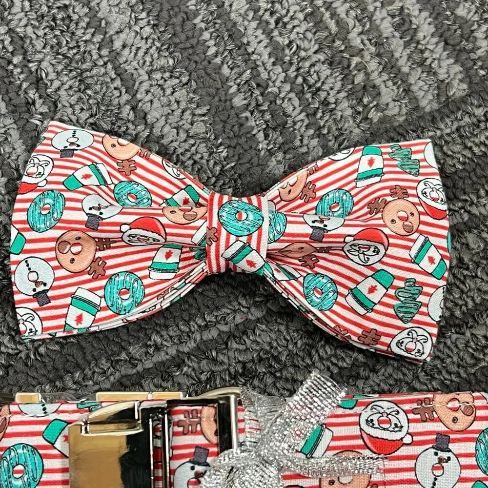 DOGWONG Christmas Dog Collar with Sailor Bow, Red Santa Claus Stripe Dog Collar